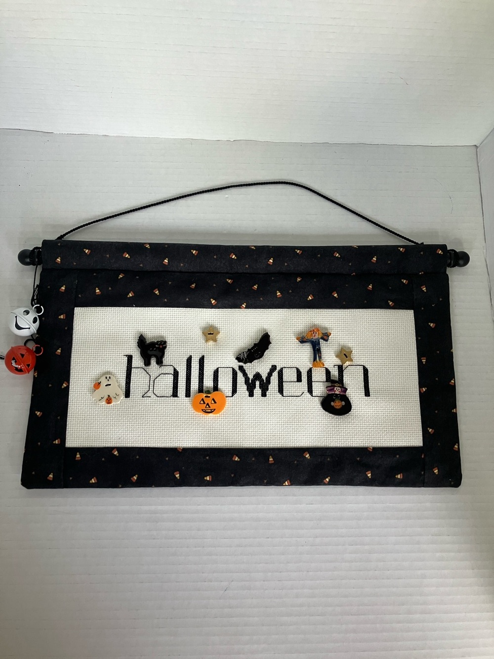 Hand Crafted Halloween Wall Hanging Cross-stitch Needlepoint - Black and Orange